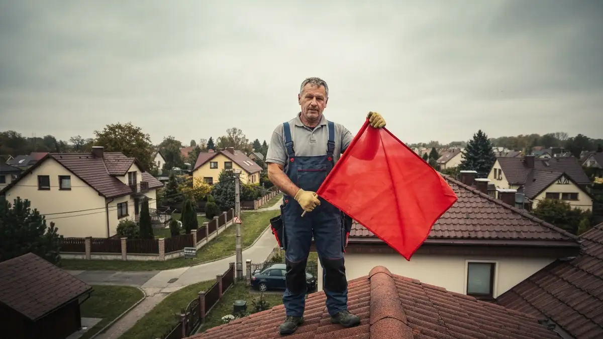 Dekarz na dachu trzymajacy czerwona flage ostrzegawcza - sygnaly ostrzegawcze przy wyborze wykonawcy