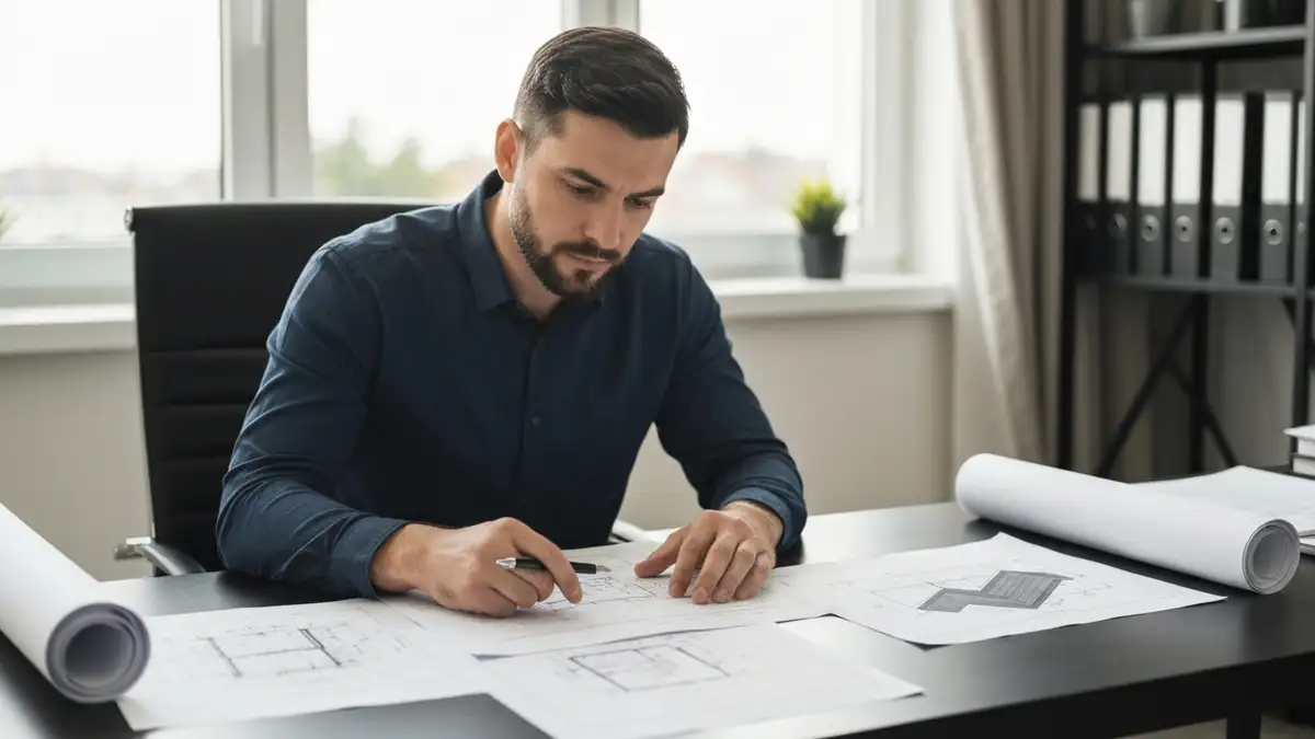 Architekt analizuje projekt typowy dachu na biurku z dokumentami i planami budowlanymi