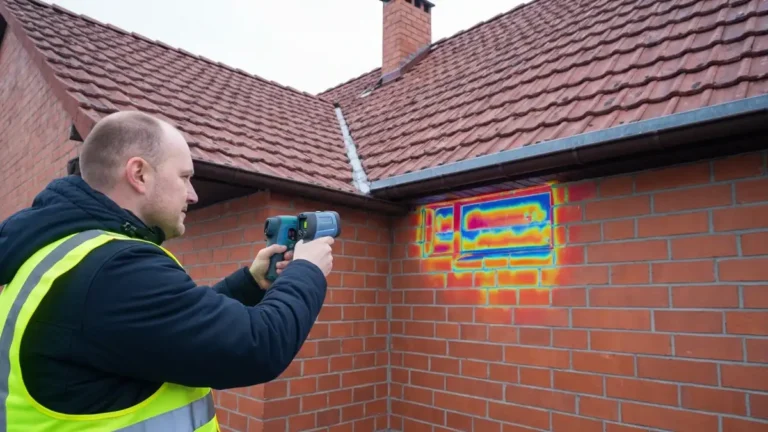 Audytor energetyczny z kamera termowizyjna bada sciany i dach budynku jednorodzinnego