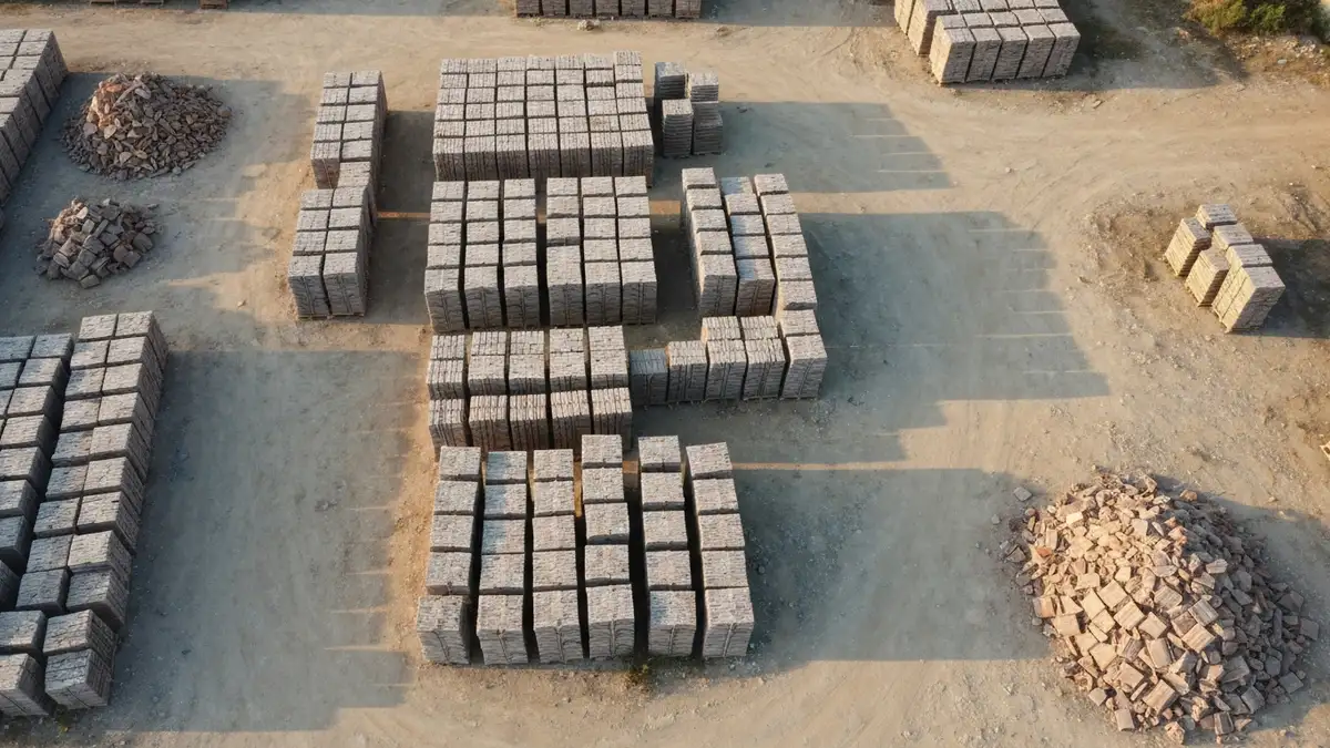 Posortowane stare dachówki ceramiczne ułożone w stosy na placu budowy przed recyklingiem
