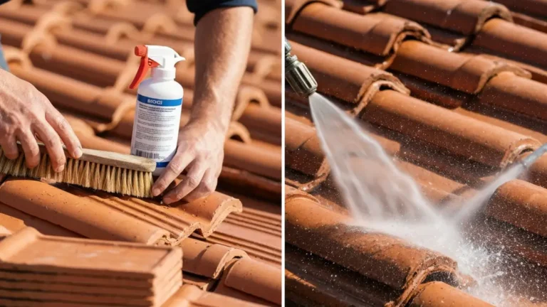 Porownanie czyszczenia recznego i cisnieniowego dachowki ceramicznej na dachu dwuspadowym