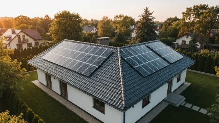 Dach solarny z dachowkami fotowoltaicznymi BIPV na nowym domu jednorodzinnym w Polsce
