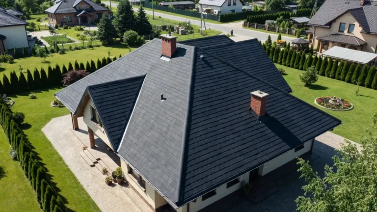 Dach pokryty gontem bitumicznym w kolorze antracytowym na domu jednorodzinnym