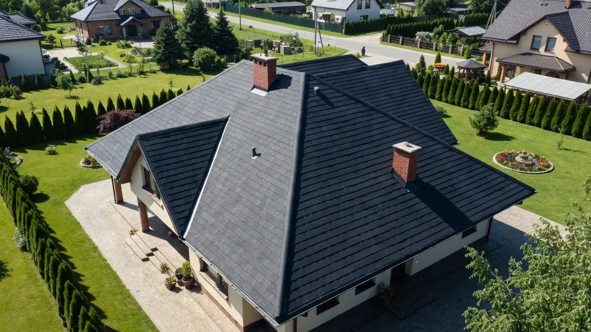 Dach pokryty gontem bitumicznym w kolorze antracytowym na domu jednorodzinnym