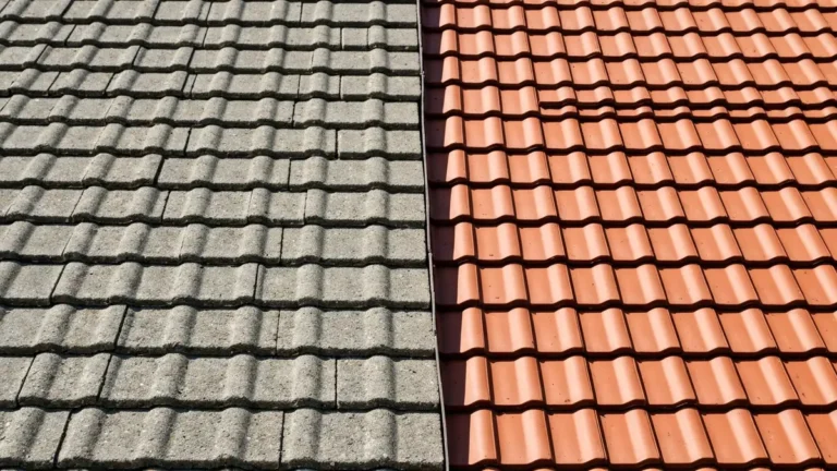 Porownanie dachowki cementowej i ceramicznej ulozone obok siebie na dachu dwuspadowym