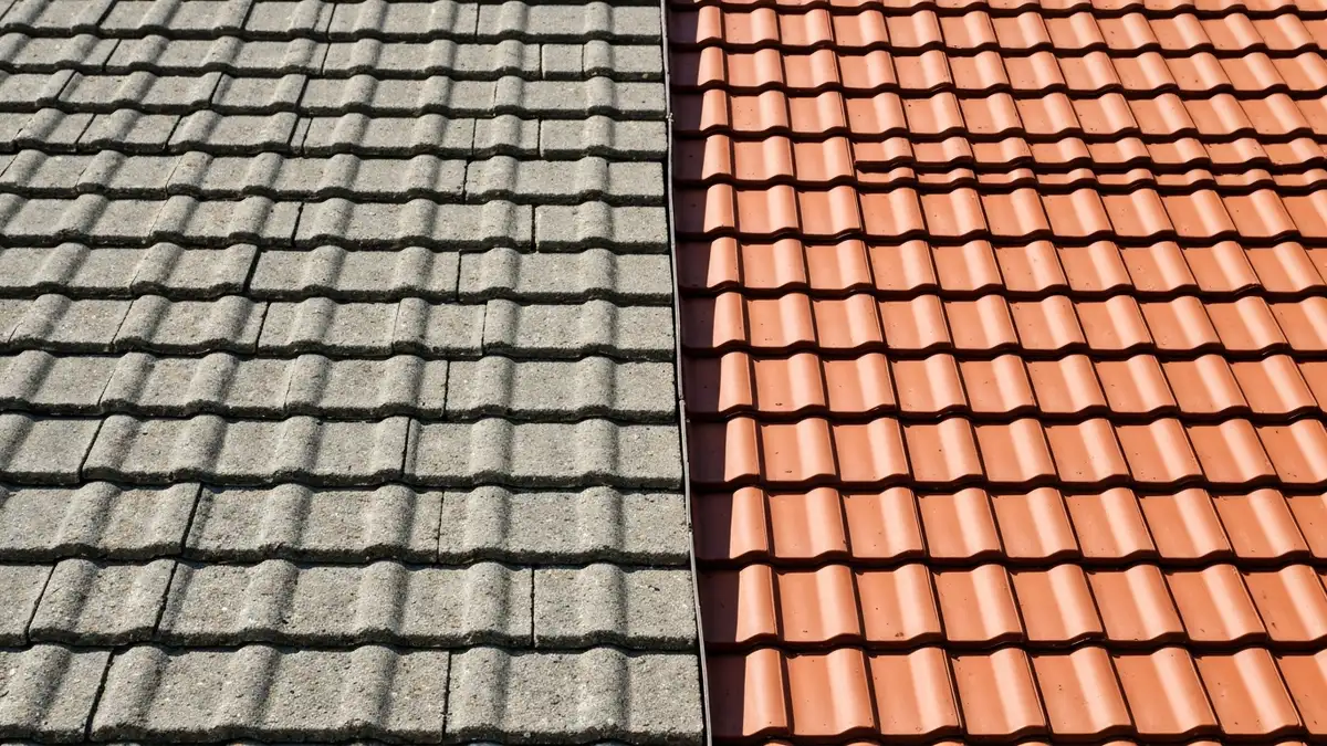 Porownanie dachowki cementowej i ceramicznej ulozone obok siebie na dachu dwuspadowym
