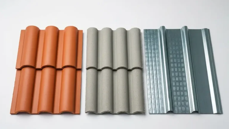 Porównanie trzech pokryć dachowych: dachówki ceramicznej, cementowej i blachodachówki na próbkach materiałowych obok siebie