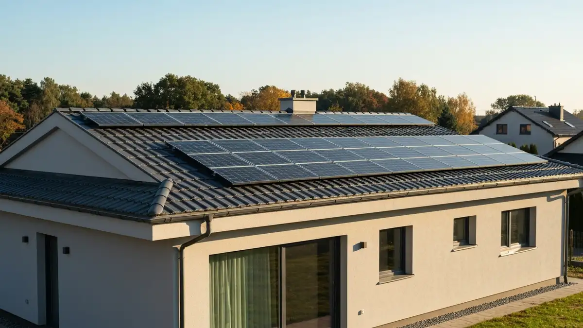 Dachówka solarna BIPV na dachu domu jednorodzinnego z widocznym licznikiem dwukierunkowym