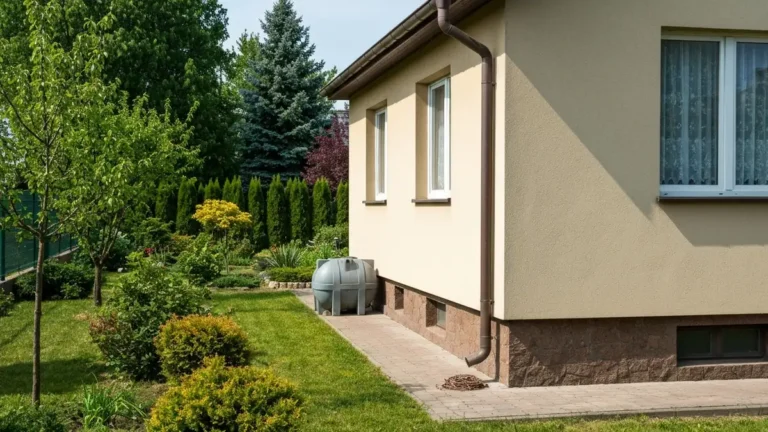 Podziemny zbiornik na deszczówkę przy domu jednorodzinnym z rynnami i ogrodem