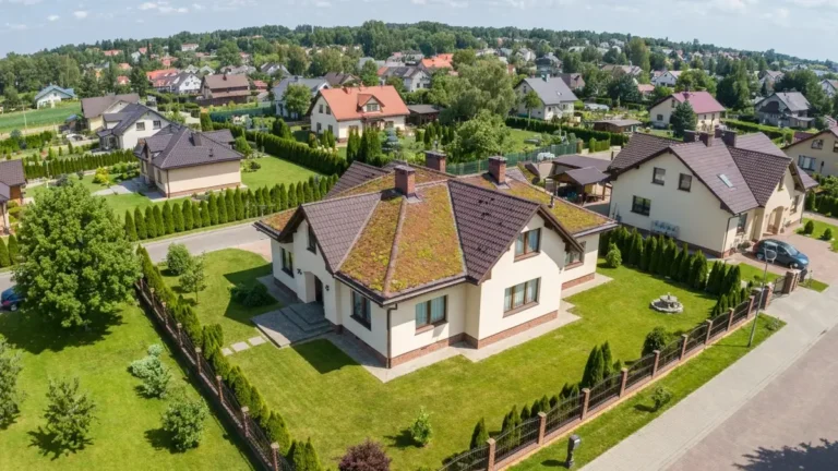 Dach zielony ekstensywny na domu jednorodzinnym w Polsce — widok z lotu ptaka latem