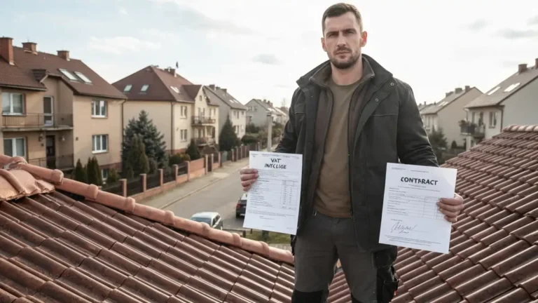Dekarz na dachu trzymajacy fakture VAT i umowe o roboty budowlane