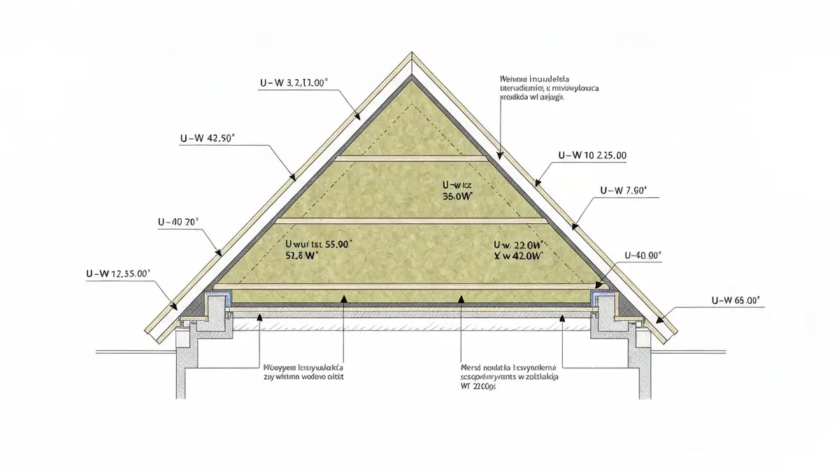 Schemat przekroju dachu stromego z zaznaczonymi warstwami izolacji termicznej i wartosciami Uc wg WT 2025