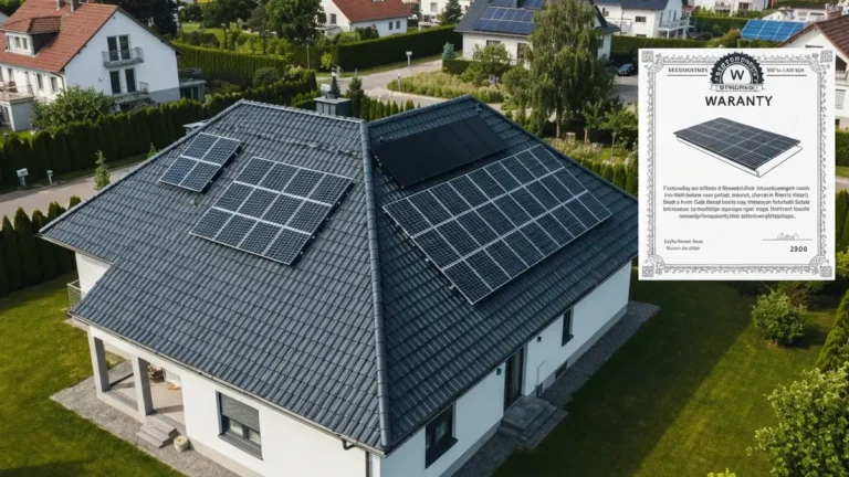 Dachowki solarne BIPV na dachu domu jednorodzinnego z widocznym certyfikatem gwarancji