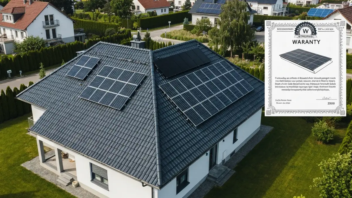 Dachowki solarne BIPV na dachu domu jednorodzinnego z widocznym certyfikatem gwarancji