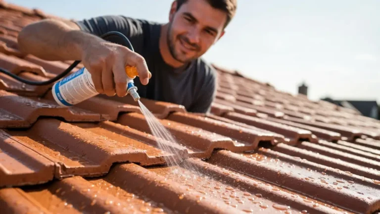 Hydrofobizacja dachówki ceramicznej - nakładanie impregnatu natryskiem na czerwony dach