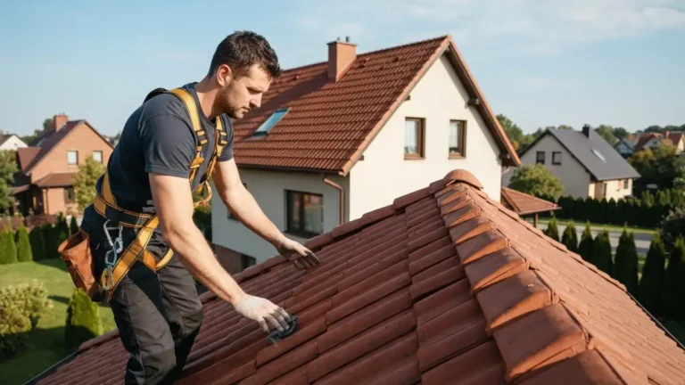Dekarz na dachu podczas przeglądu technicznego — ocena stanu pokrycia dachowego