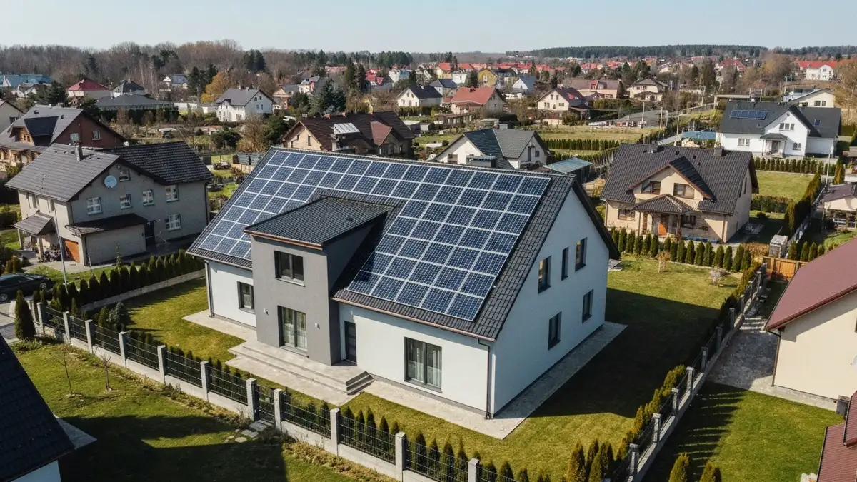 Dach solarny BIPV na domu jednorodzinnym 150 m² — widok z zewnątrz z panelami zintegrowanymi z pokryciem