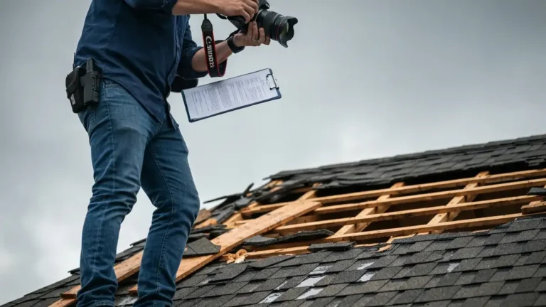 Rzeczoznawca majątkowy oceniający szkodę na dachu po burzy z dokumentacją fotograficzną