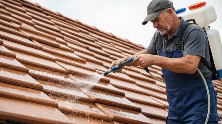 Dekarz nakładający impregnat na dachówkę ceramiczną za pomocą opryskiwacza plecakowego, widok z bliska na pokrycie dachowe