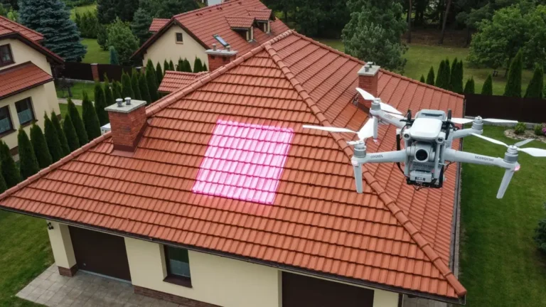 Dron przeprowadzający inspekcję dachu domu jednorodzinnego z kamerą termowizyjną