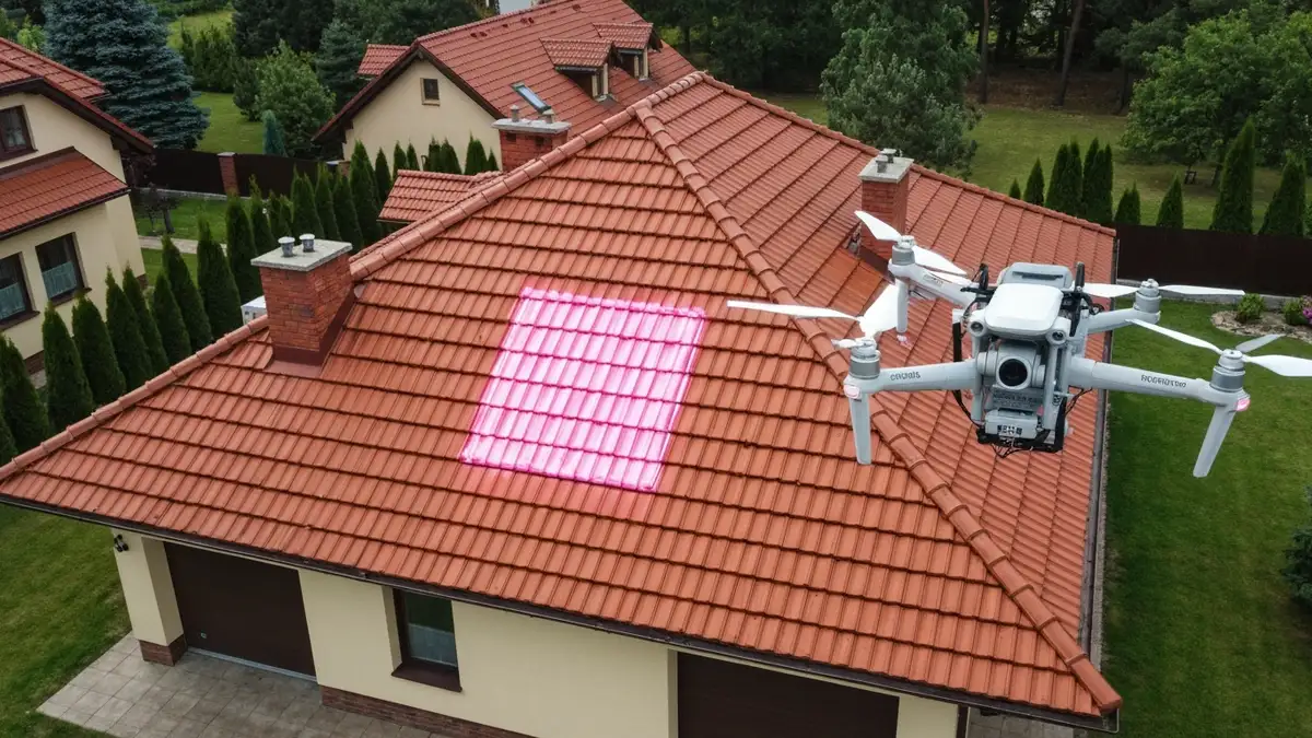 Dron przeprowadzający inspekcję dachu domu jednorodzinnego z kamerą termowizyjną