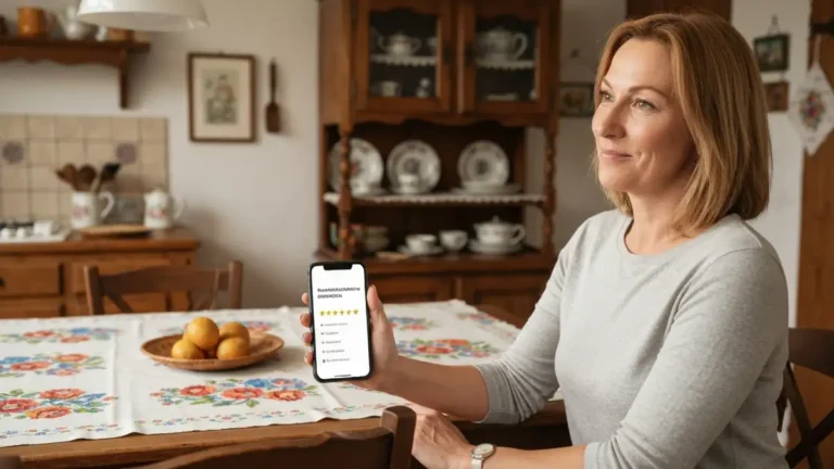 Klient sprawdza opinie o dekarzu na smartfonie przed podpisaniem umowy