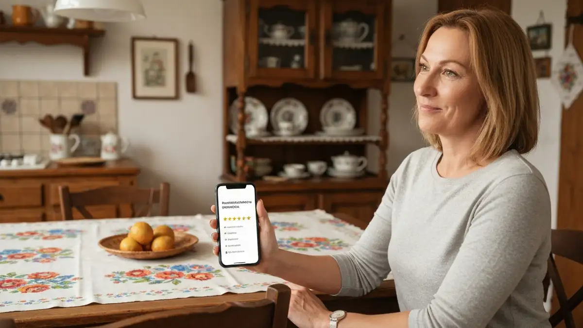Klient sprawdza opinie o dekarzu na smartfonie przed podpisaniem umowy