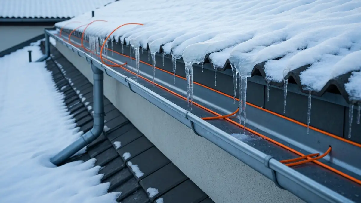 Kabel grzejny zamontowany wewnątrz rynny i rury spustowej na zimowym dachu z soplem