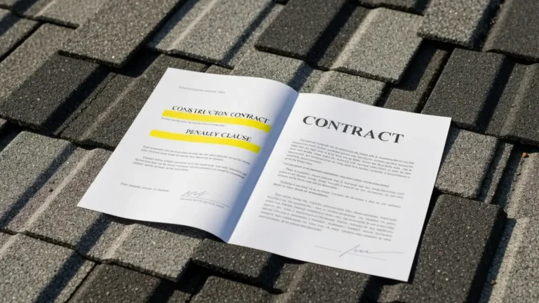 Wzór umowy dekarskiej z zaznaczonymi klauzulami kar umownych leżący na tle dachówek