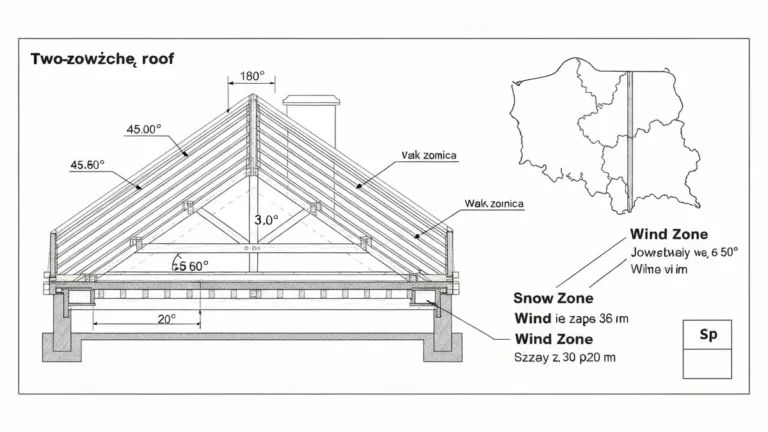 Schemat przekroju dachu dwuspadowego z zaznaczonymi kątami nachylenia i strefami klimatycznymi Polski