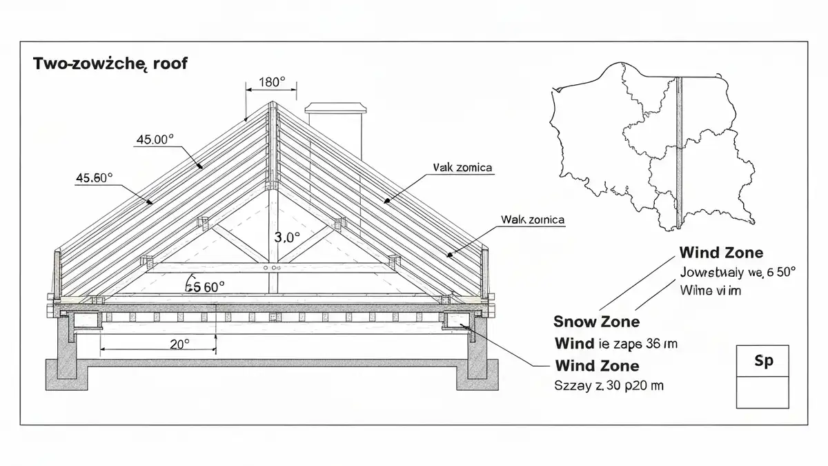 Schemat przekroju dachu dwuspadowego z zaznaczonymi kątami nachylenia i strefami klimatycznymi Polski