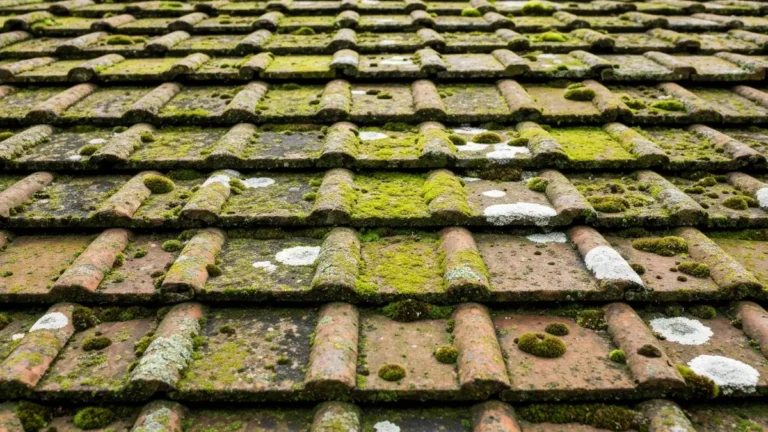 Dachówka ceramiczna z widocznym mchem i przebarwieniami sygnalizującymi konieczność reimpregnacji