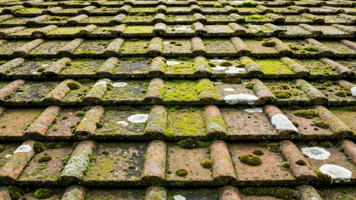 Dachówka ceramiczna z widocznym mchem i przebarwieniami sygnalizującymi konieczność reimpregnacji