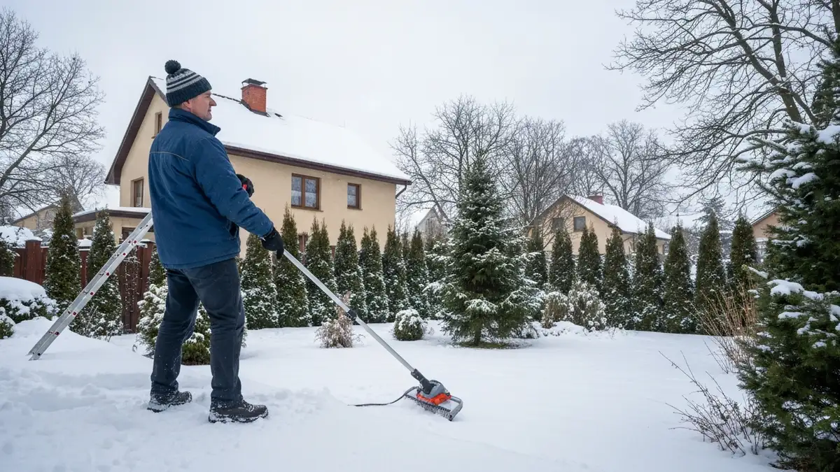 Odśnieżanie dachu teleskopowym zgarniaczem z ziemi - bezpieczna metoda usuwania śniegu