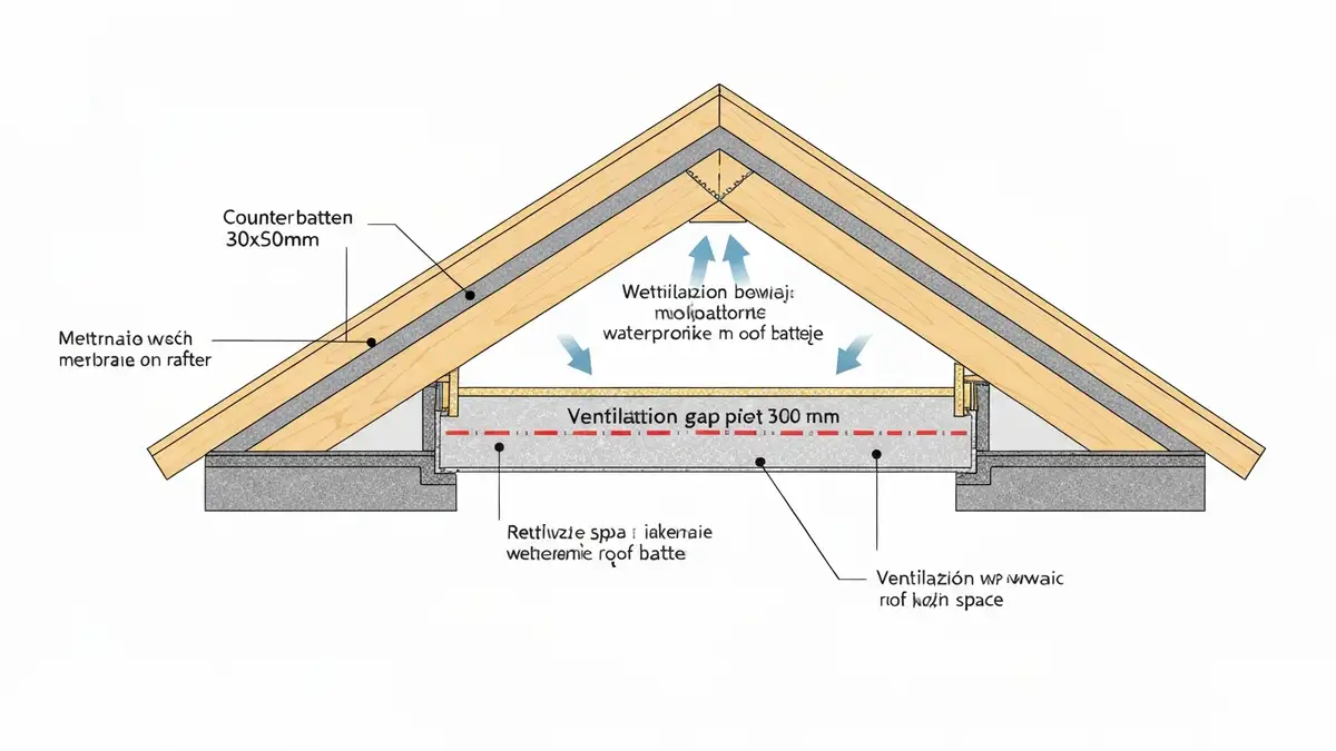 Przekrój dachu pokazujący kontrłatę 30x50 mm i szczelinę wentylacyjną między membraną a łatami