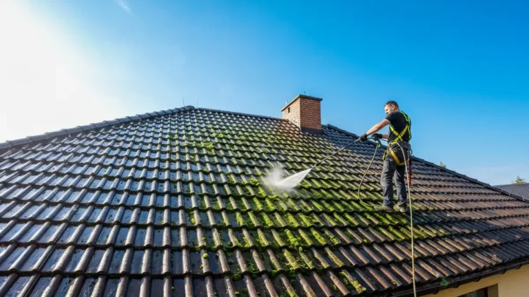 Profesjonalne czyszczenie dachu z dachówki ceramicznej - pracownik firmy dekarskiej z myjką ciśnieniową