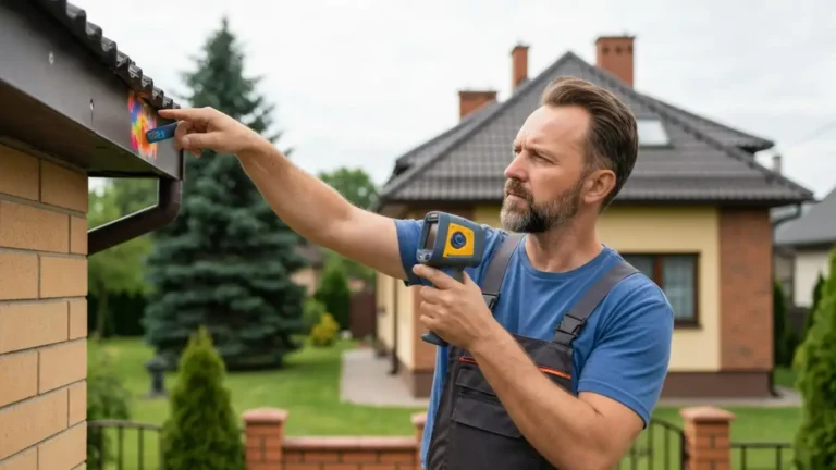 Audytor energetyczny podczas badania termowizyjnego dachu budynku jednorodzinnego