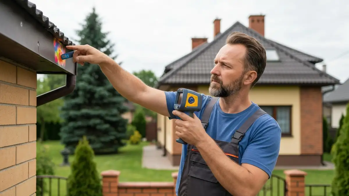 Audytor energetyczny podczas badania termowizyjnego dachu budynku jednorodzinnego