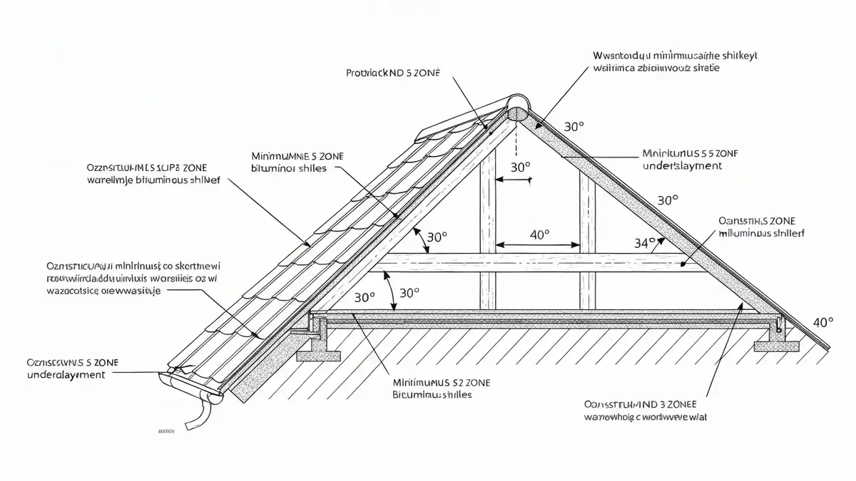 Schemat nachylenia dachu z zaznaczonym minimalnym katem dla gontow bitumicznych