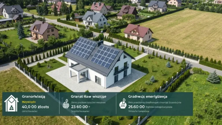 Panele fotowoltaiczne zamontowane na dachu domu jednorodzinnego z formularzem dotacji Mój Prąd 2026 w tle