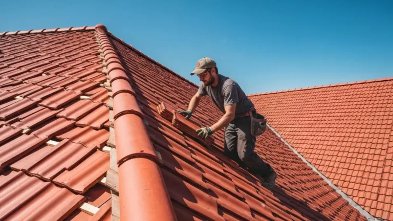 Montaż dachówki ceramicznej - dekarz układający dachówki na połaci dachu krok po kroku