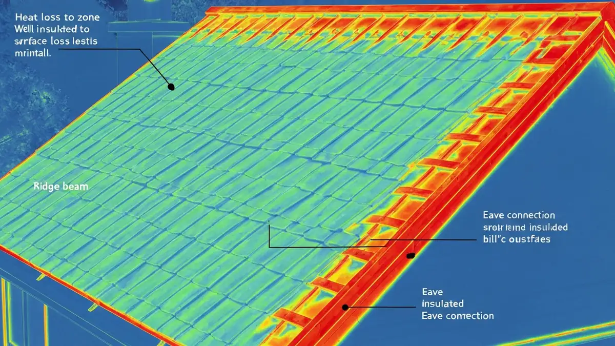 Termogram dachu skośnego ukazujący czerwone obszary mostków termicznych na krokwiach i murłacie