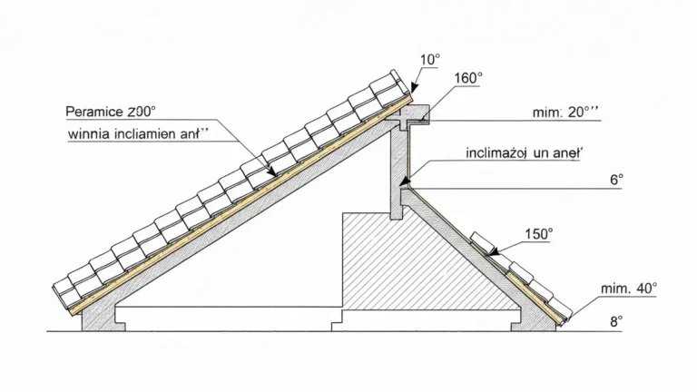 Schemat przekroju dachu z zaznaczonym kątem nachylenia i dachówką ceramiczną