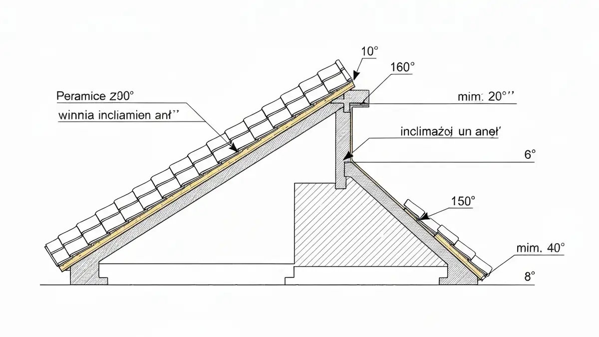 Schemat przekroju dachu z zaznaczonym kątem nachylenia i dachówką ceramiczną