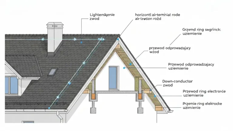 Schemat instalacji odgromowej na dachu domu jednorodzinnego zgodnej z norma PN-EN 62305