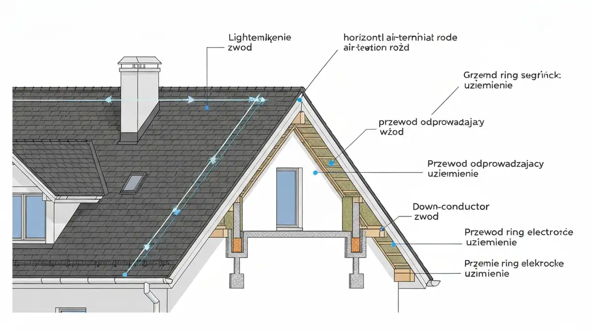 Schemat instalacji odgromowej na dachu domu jednorodzinnego zgodnej z norma PN-EN 62305