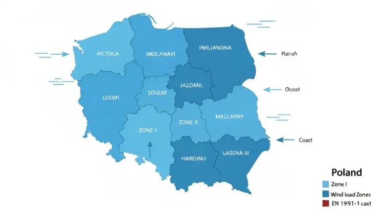 Mapa stref wiatrowych Polski wedlug normy PN-EN 1991-1-4 z zaznaczonymi strefami I, II i III