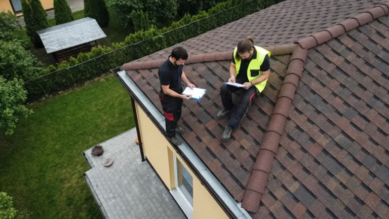 Inspektor nadzoru i inwestor sprawdzaja dach podczas odbioru technicznego z lista kontrolna w rekach