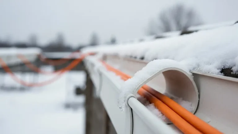 Kabel grzejny zamontowany w rynnie dachowej pokrytej sniegiem i lodem zimą