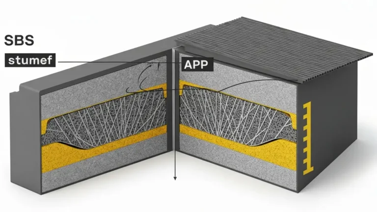 Porównanie przekroju papy SBS i APP na dachu płaskim - schemat techniczny